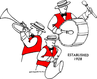 Cartoon of red vest band members playing drum, trumpet, saxophone